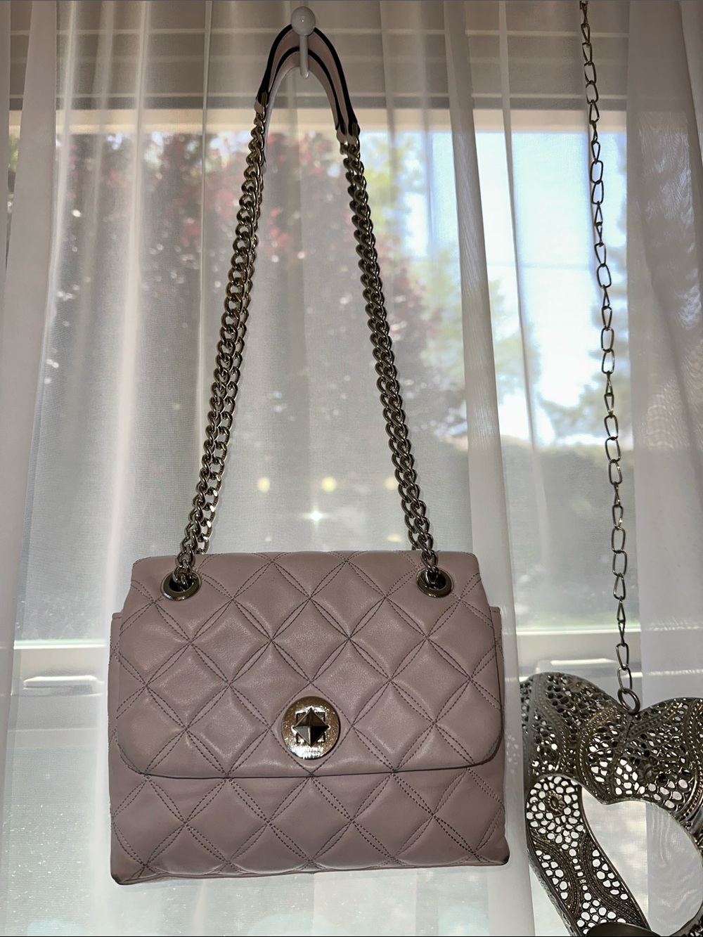kate spade Quilted Shoulder Bag in Light Mauve with Silver Chain